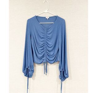 Q+A Los Angeles blue tie front ruched blouse